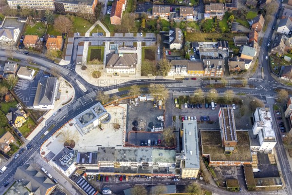 Aerial view of the town hall of Heessen Amtsstraße and the construction site of Heessener Markt in Hamm, Ruhr area, North Rhine-Westphalia, Germany, construction work, construction progress, construction area, building site, building plots, construction measure, construction project, construction site, DE, renovation, Europe, Hamm, aerial view, aerial photograph, aerial photography, aerial photography, Rhine-Ruhr metropolitan region, renovation, refurbishment, overview, bird's-eye view, overview
