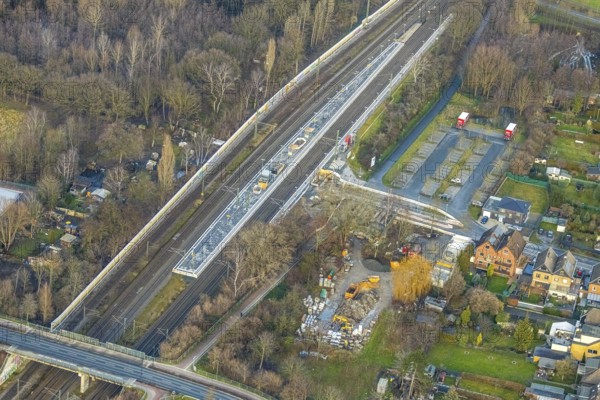 Aerial view construction site subway at Hamm-Heessen railway station in Hamm, Ruhr area, North Rhine-Westphalia, Germany, railway tracks, railway station, construction work, construction, construction area, construction site, construction project, construction site, DE, Deutsche Bahn AG, Europe, Hamm, Hbf, aerial view, aerial photograph, aerial photography, aerial photography, Rhine-Ruhr metropolitan region, overview, bird's-eye view, overview