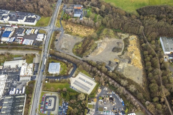 Aerial view contaminated site at Loddenfeld at Warendorfer Straße at the industrial estate Römerstraße Süd in Hamm, Ruhr area, North Rhine-Westphalia, Germany, construction area, construction site, building plots, construction project, DE, Europe, commercial enterprises, commercial area, industrial estate, industrial park, commercial site, commercial use, Hamm, industrial area, industrial building, industrial site, landscaping, aerial view, aerial photograph, aerial photography, aerial photography, Rhine-Ruhr metropolitan region, overview, bird's eye view, birds-eyes view, overview