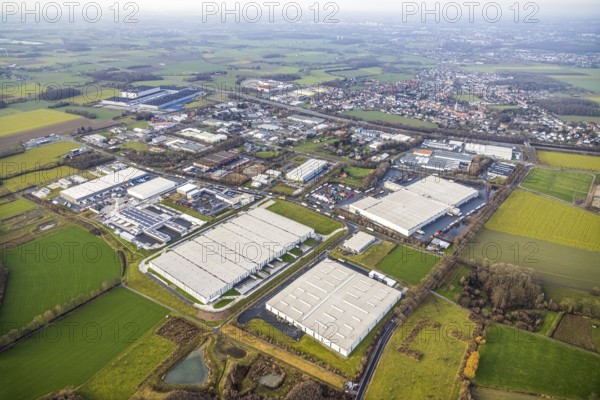Aerial view southern extension of Rhynern industrial estate in Hamm, Ruhr area, North Rhine-Westphalia, Germany, DE, Europe, commercial enterprises, commercial area, commercial park, commercial location, commercial use, Hamm, industrial area, industrial building, industrial location, aerial photograph, aerial photography, aerial photography, aerial photography, Rhine-Ruhr metropolitan region, Oberster Kamp, overview, bird's-eye view, bird's-eye view, overview
