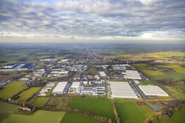 Aerial view southern extension of Rhynern industrial estate in Hamm, Ruhr area, North Rhine-Westphalia, Germany, DE, Europe, commercial enterprises, commercial area, commercial park, commercial location, commercial use, Hamm, industrial area, industrial building, industrial location, aerial photograph, aerial photography, aerial photography, aerial photography, Rhine-Ruhr metropolitan region, Oberster Kamp, overview, bird's-eye view, bird's-eye view, overview