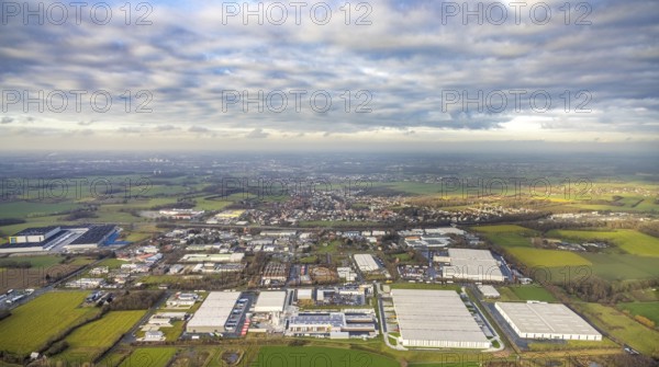 Aerial view southern extension of Rhynern industrial estate in Hamm, Ruhr area, North Rhine-Westphalia, Germany, DE, Europe, commercial enterprises, commercial area, commercial park, commercial location, commercial use, Hamm, industrial area, industrial building, industrial location, aerial photograph, aerial photography, aerial photography, aerial photography, Rhine-Ruhr metropolitan region, Oberster Kamp, overview, bird's-eye view, bird's-eye view, overview