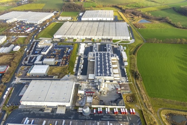 Aerial view southern extension of Rhynern industrial estate in Hamm, Ruhr area, North Rhine-Westphalia, Germany, DE, Europe, commercial enterprises, commercial area, commercial park, commercial location, commercial use, Hamm, industrial area, industrial building, industrial location, aerial photograph, aerial photography, aerial photography, aerial photography, Rhine-Ruhr metropolitan region, Oberster Kamp, overview, bird's-eye view, bird's-eye view, overview