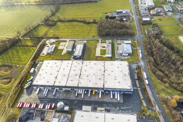 Aerial view southern extension of Rhynern industrial estate in Hamm, Ruhr area, North Rhine-Westphalia, Germany, DE, Europe, commercial enterprises, commercial area, commercial park, commercial location, commercial use, Hamm, industrial area, industrial building, industrial location, aerial photograph, aerial photography, aerial photography, aerial photography, Rhine-Ruhr metropolitan region, Oberster Kamp, overview, bird's-eye view, bird's-eye view, overview