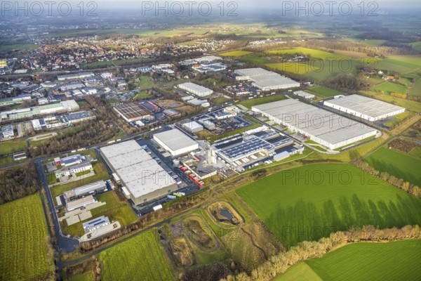 Aerial view southern extension of Rhynern industrial estate in Hamm, Ruhr area, North Rhine-Westphalia, Germany, DE, Europe, commercial enterprises, commercial area, commercial park, commercial location, commercial use, Hamm, industrial area, industrial building, industrial location, aerial photograph, aerial photography, aerial photography, aerial photography, Rhine-Ruhr metropolitan region, Oberster Kamp, overview, bird's-eye view, bird's-eye view, overview