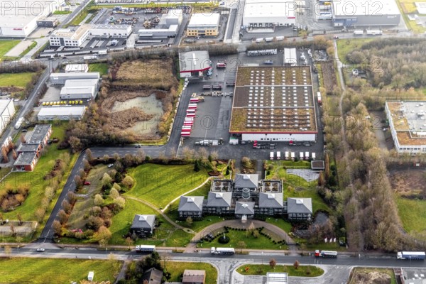 Aerial view southern extension of Rhynern industrial estate in Hamm, Ruhr area, North Rhine-Westphalia, Germany, DE, Europe, commercial enterprises, commercial area, commercial park, commercial location, commercial use, Hamm, industrial area, industrial building, industrial location, aerial view, aerial photograph, aerial photography, aerial photography, Rhine-Ruhr metropolitan region, Oberster Kamp, overview, bird's-eye view, overview, DEG Dach-Fassade-Holz eG, Dachdecker einkauf Hamm