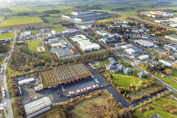 Aerial view southern extension of Rhynern industrial estate in Hamm, Ruhr area, North Rhine-Westphalia, Germany, DE, Europe, commercial enterprises, commercial area, commercial park, commercial location, commercial use, Hamm, industrial area, industrial building, industrial location, aerial photograph, aerial photography, aerial photography, aerial photography, Rhine-Ruhr metropolitan region, Oberster Kamp, overview, bird's-eye view, bird's-eye view, overview