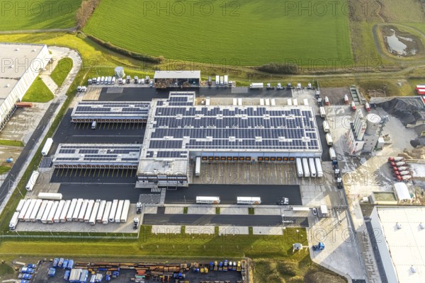 Aerial view southern extension of Rhynern industrial estate in Hamm, Ruhr area, North Rhine-Westphalia, Germany, DE, Europe, commercial enterprises, commercial area, industrial estate, commercial park, commercial location, commercial use, Hamm, industrial area, industrial building, industrial location, aerial photograph, aerial photography, aerial photography, aerial photography, Rhine-Ruhr metropolitan region, Oberster Kamp, overview, bird's-eye view, overview, Trans-o-Flex