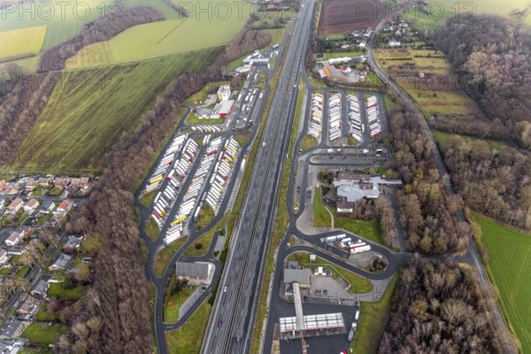 Aerial view motorway service area Rhynern-Nord and Rhynern-Süd on the A2 motorway, truck parking, Hamm, Ruhr area, North Rhine-Westphalia, Germany, A2 motorway, DE, Europe, shapes and colours, freight traffic, logistics, aerial view, aerial photograph, aerial photography, aerial photography, Rhine-Ruhr metropolitan region, parking spaces, service area, service area, transport, overview, bird's eye view, bird's eye view, overview