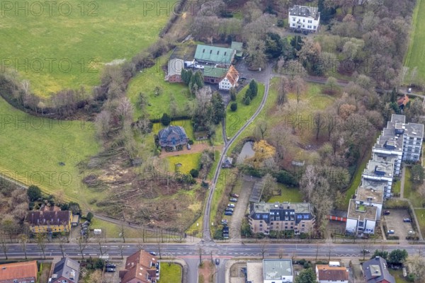 Aerial photo Haus Kentrop tree felling in the landscape conservation area in Hamm, Ruhr area, North Rhine-Westphalia, Germany, trees, DE, Europe, Hamm, manor house, landscape conservation area, aerial photo, aerial photography, aerial photography, Rhine-Ruhr metropolitan region, overview, bird's eye view, forest damage, birds-eyes view, overview