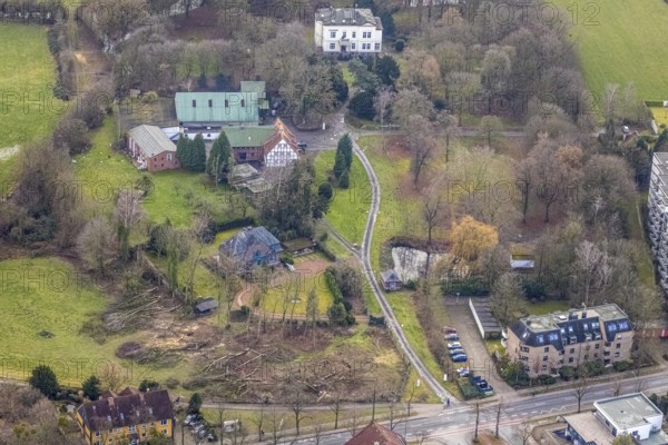 Aerial photo Haus Kentrop tree felling in the landscape conservation area in Hamm, Ruhr area, North Rhine-Westphalia, Germany, trees, DE, Europe, Hamm, manor house, landscape conservation area, aerial photo, aerial photography, aerial photography, Rhine-Ruhr metropolitan region, overview, bird's eye view, forest damage, birds-eyes view, overview