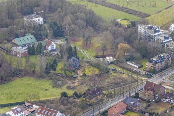 Aerial photo Haus Kentrop tree felling in the landscape conservation area in Hamm, Ruhr area, North Rhine-Westphalia, Germany, trees, DE, Europe, Hamm, manor house, landscape conservation area, aerial photo, aerial photography, aerial photography, Rhine-Ruhr metropolitan region, overview, bird's eye view, forest damage, birds-eyes view, overview