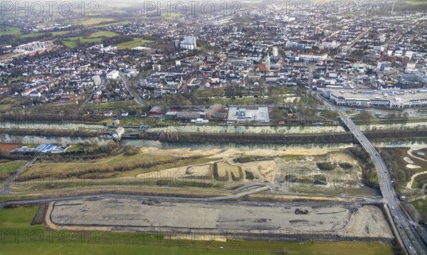Aerial view construction area new water sports centre on Adenauerallee at Hammonense grammar school with transition to Nordring and Hans-Böckler-Platz in Hamm, Ruhr area, North Rhine-Westphalia, Germany, construction work, construction vehicles, construction area, construction site, building plots, construction crane, construction measure, construction project, construction site, education, educational institution, DE, Datteln-Hamm Canal, development, Europe, River Lippe, commercial enterprises, commercial area, commercial park, commercial site, commercial use, grammar school, Hamm, industrial area, industrial building, industrial site, canal edge, educational institute, aerial view, aerial photograph, aerial photography, aerial photography, Rhine-Ruhr metropolitan region, new build, shipping, school, overview, bird's-eye view, overview