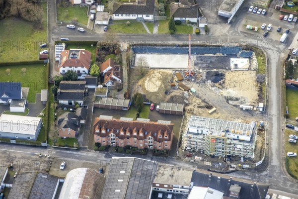 Aerial view construction site new building Seeburger Straße in Hamm, Ruhr area, North Rhine-Westphalia, Germany, construction work, construction area, construction site, building plots, construction project, construction site, DE, Europe, property tax, Hamm, real estate, aerial view, aerial photograph, aerial photography, aerial photography, Rhine-Ruhr metropolitan region, new building, overview, bird's eye view, residential complex, living and living, residential area, residential buildings, residential quality, residential neighbourhood, housing estate, birds-eyes view, overview