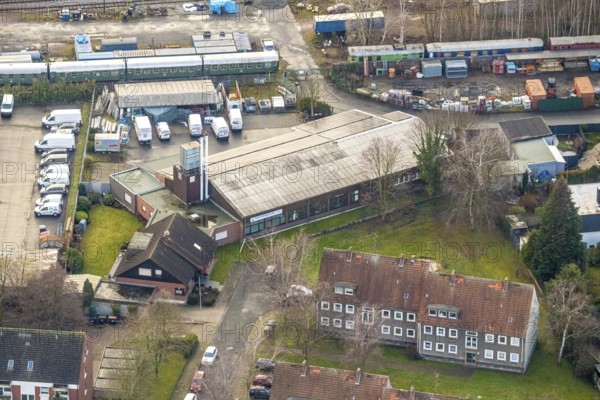 Aerial view Nettebrock Tischlerei Schumannstraße in Hamm, Ruhr area, North Rhine-Westphalia, Germany, DE, railway wagons, Europe, commercial enterprises, commercial area, commercial park, commercial location, commercial use, Hamm, industrial area, industrial building, industrial location, aerial view, aerial photograph, aerial photography, aerial photography, aerial photography, Rhine-Ruhr metropolitan region, overview, bird's eye view, birds-eyes view, overview