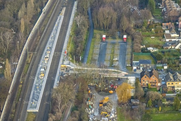 Aerial view construction site subway at Hamm-Heessen railway station in Hamm, Ruhr area, North Rhine-Westphalia, Germany, railway tracks, railway station, construction work, construction, construction area, construction site, construction project, construction site, DE, Deutsche Bahn AG, Europe, Hamm, Hbf, aerial view, aerial photograph, aerial photography, aerial photography, Rhine-Ruhr metropolitan region, overview, bird's-eye view, overview