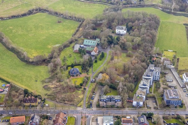 Aerial photo Haus Kentrop tree felling in the landscape conservation area in Hamm, Ruhr area, North Rhine-Westphalia, Germany, trees, DE, Europe, Hamm, manor house, landscape conservation area, aerial photo, aerial photography, aerial photography, Rhine-Ruhr metropolitan region, overview, bird's eye view, forest damage, birds-eyes view, overview