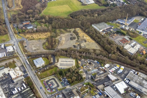 Aerial view contaminated site at Loddenfeld at Warendorfer Straße at the industrial estate Römerstraße Süd in Hamm, Ruhr area, North Rhine-Westphalia, Germany, construction area, construction site, building plots, construction project, DE, Europe, commercial enterprises, commercial area, industrial estate, industrial park, commercial site, commercial use, Hamm, industrial area, industrial building, industrial site, landscaping, aerial view, aerial photograph, aerial photography, aerial photography, Rhine-Ruhr metropolitan region, overview, bird's eye view, birds-eyes view, overview