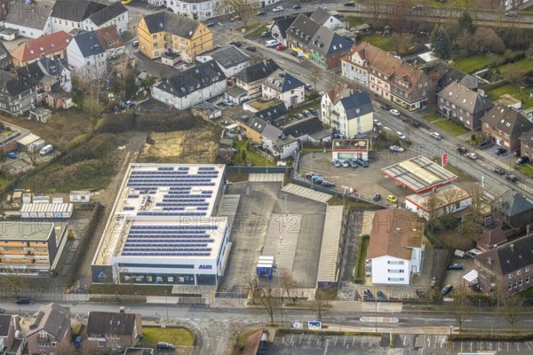 Aerial view of new Aldi supermarket Kleine Amtsstraße in Hamm, Ruhr area, North Rhine-Westphalia, Germany, DE, shopping markets, shopping centre, Europe, Hamm, aerial view, aerial photograph, aerial photography, aerial photography, Rhine-Ruhr metropolitan region, local supply centre, supermarket, overview, bird's-eye view, overview