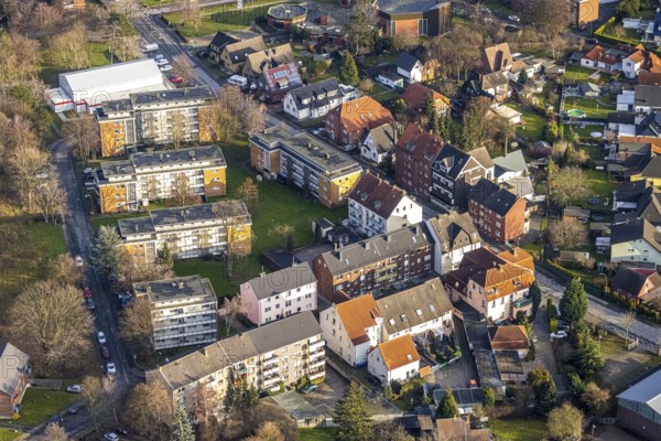 Aerial view high-rise buildings residential area Oswaldstraße in Hamm, Ruhr area, North Rhine-Westphalia, Germany, DE, Europe, property tax, Hamm, real estate, aerial view, aerial photograph, aerial photography, aerial photography, Rhine-Ruhr metropolitan region, overview, bird's eye view, residential complex, living and living, residential area, residential buildings, quality of living, residential neighbourhood, housing estate, birds-eyes view, overview