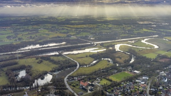 Aerial view of the nature reserve Am Tibaum, river Lippe meander and Datteln-Hamm canal, water weir with fish ladder, Hamm, Ruhr area, North Rhine-Westphalia, Germany, DE, Europe, backlight, landscape, landscape in backlight, aerial view, aerial photograph, aerial photography, aerial photography, Rhine-Ruhr metropolitan region, nature reserve, overview, bird's-eye view, overview