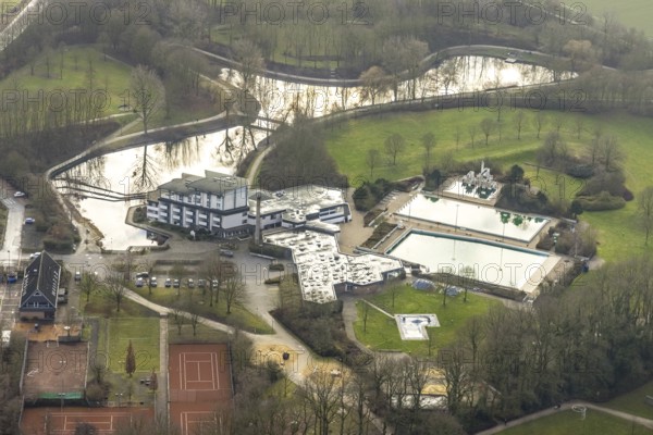 Aerial view Hotel Selbachpark with outdoor pool Selbachpark, Hamm, Ruhr area, North Rhine-Westphalia, Germany, bathing establishment, bathing resort, DE, Europe, outdoor pool, leisure facility, leisure pool, leisure activities, gastronomy, hotel, hotel facilities, hotel business, aerial view, aerial photograph, aerial photography, aerial photography, Rhine-Ruhr metropolitan region, park, swimming pool, swimming pool, Selbachpark, sports, sports field, tennis facility, tennis courts, overview, accommodation, bird's eye view, birds-eyes view, overview