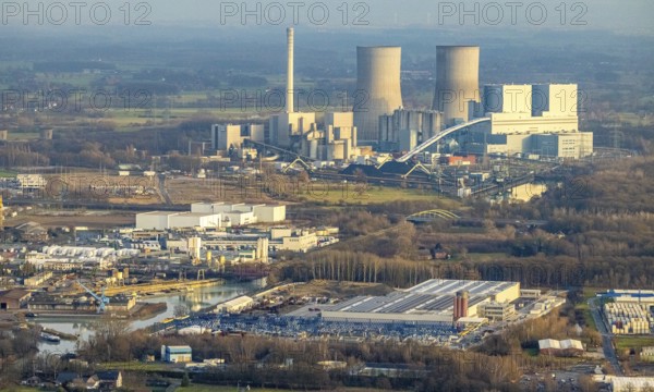 Aerial view of the RWE Westfalen power plant in Uentrop in Hamm, Ruhr area, North Rhine-Westphalia, Germany, DE, Europe, distant view, shapes and colours, Hamm, coal-fired power plant, cooling towers, aerial view, aerial photograph, aerial photography, aerial photography, Rhine-Ruhr metropolitan region, tower, overview, bird's-eye view, twin towers, birds-eyes view, overview