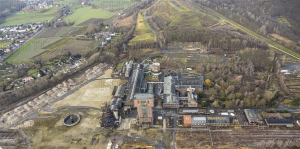 Aerial view with hammerhead tower in Ost Zeche Heinrich Robert colliery, CreativRevier in Wiescherhöfen, Hamm, Ruhr area, North Rhine-Westphalia, Germany, mine, Heinrich Robert colliery, DE, Europe, commercial enterprises, commercial area, commercial park, commercial location, commercial use, industrial plants, industrial area, industrial building, industrial site, aerial view, aerial photograph, aerial photography, aerial photography, Rhine-Ruhr metropolitan region, coal mine, tower, overview, bird's-eye view, birds-eyes view, former Ost colliery, historical, historical site, overview, destroyed building