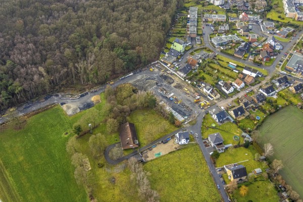 Aerial view Hoppeibach Pelkum and Herringen with construction road near Bocksheideweg in Hamm, Ruhr area, North Rhine-Westphalia, Germany, DE, Europe, Hamm, aerial view, aerial photograph, aerial photography, aerial photography, Rhine-Ruhr metropolitan region, Schützenverein Herringen-Nordherringen 1863, overview, bird's-eye view, overview