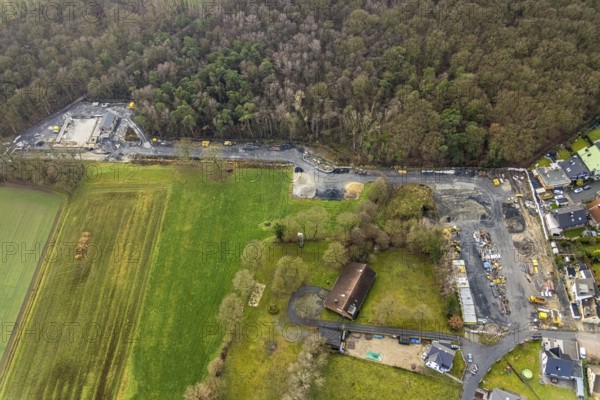 Aerial view Hoppeibach Pelkum and Herringen with construction road near Bocksheideweg in Hamm, Ruhr area, North Rhine-Westphalia, Germany, DE, Europe, Hamm, aerial view, aerial photograph, aerial photography, aerial photography, Rhine-Ruhr metropolitan region, Schützenverein Herringen-Nordherringen 1863, overview, bird's-eye view, overview