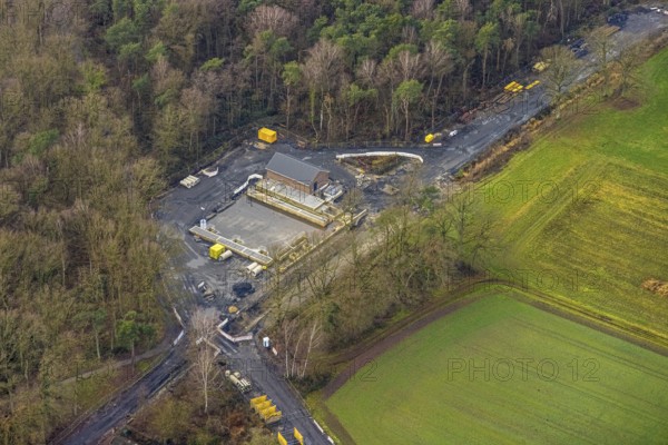 Aerial view Hoppeibach Pelkum and Herringen with construction road near Bocksheideweg in Hamm, Ruhr area, North Rhine-Westphalia, Germany, DE, Europe, Hamm, aerial view, aerial photography, aerial photograph, aerial photography, Rhine-Ruhr metropolitan region, overview, bird's eye view, birds-eyes view, overview