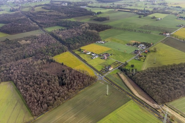 Aerial view forest area Sandbochumer Heide near Kerstheider Straße in Hamm, Ruhr area, North Rhine-Westphalia, Germany, fallow land, DE, Europe, Hamm, aerial view, aerial photograph, aerial photography, aerial photography, Rhine-Ruhr metropolitan region, lake, pond, overview, bird's-eye view, forest area, birds-eyes view, overview