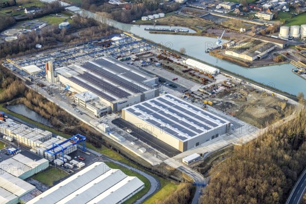 Aerial view Goldbeck concrete elements at the Datteln-Hamm Canal in Hamm, Ruhr area, North Rhine-Westphalia, Germany, DE, Datteln-Hamm Canal, Europe, Frielinghauser Straße, commercial enterprises, commercial area, commercial park, commercial location, commercial use, Hamm, industrial area, industrial building, industrial site, aerial view, aerial photograph, aerial photography, aerial photography, metropolitan region Rhine-Ruhr, photovoltaic, photovoltaic plant, solar, solar plant, solar energy, solar energy, overview, bird's-eye view, birds-eyes view, overview