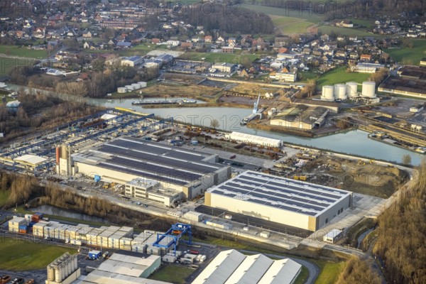 Aerial view Goldbeck concrete elements at the Datteln-Hamm Canal in Hamm, Ruhr area, North Rhine-Westphalia, Germany, DE, Datteln-Hamm Canal, Europe, Frielinghauser Straße, commercial enterprises, commercial area, commercial park, commercial location, commercial use, Hamm, industrial area, industrial building, industrial site, aerial view, aerial photograph, aerial photography, aerial photography, metropolitan region Rhine-Ruhr, photovoltaic, photovoltaic plant, solar, solar plant, solar energy, solar energy, overview, bird's-eye view, birds-eyes view, overview