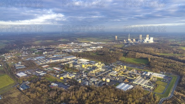 Aerial view DuPont and DuBay Polymer GmbH and Goldbeck Betonelemente and RWE power plant Westfalen in the district of Uentrop in Hamm, Ruhr area, North Rhine-Westphalia, Germany, DE, Europe, joint venture of the LANXESS and DuPont groups, commercial enterprises, commercial area, commercial park, commercial site, commercial use, Hamm, industrial area, industrial building, industrial site, aerial view, aerial photograph, aerial photography, aerial photography, Rhine-Ruhr metropolitan region, overview, bird's-eye view, birds-eyes view, overview