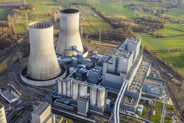 Aerial view of the RWE Westfalen power plant in Uentrop in Hamm, Ruhr area, North Rhine-Westphalia, Germany, DE, Europe, distant view, shapes and colours, Hamm, coal-fired power plant, cooling towers, aerial view, aerial photograph, aerial photography, aerial photography, Rhine-Ruhr metropolitan region, tower, overview, bird's-eye view, twin towers, birds-eyes view, overview