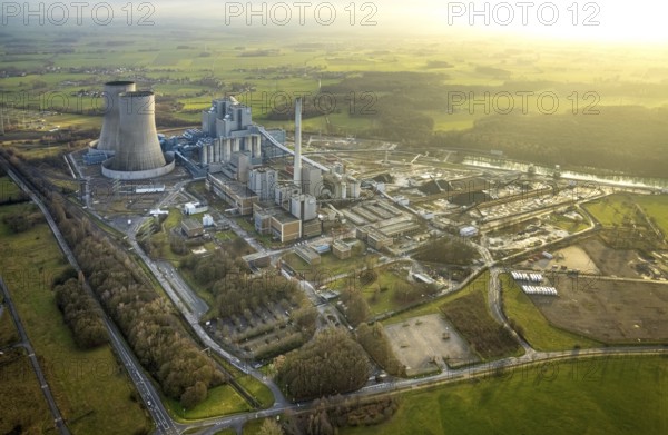 Aerial view of the RWE Westfalen power plant in Uentrop in Hamm, Ruhr area, North Rhine-Westphalia, Germany, DE, Europe, distant view, shapes and colours, Hamm, coal-fired power plant, cooling towers, aerial view, aerial photograph, aerial photography, aerial photography, Rhine-Ruhr metropolitan region, tower, overview, bird's-eye view, twin towers, birds-eyes view, overview