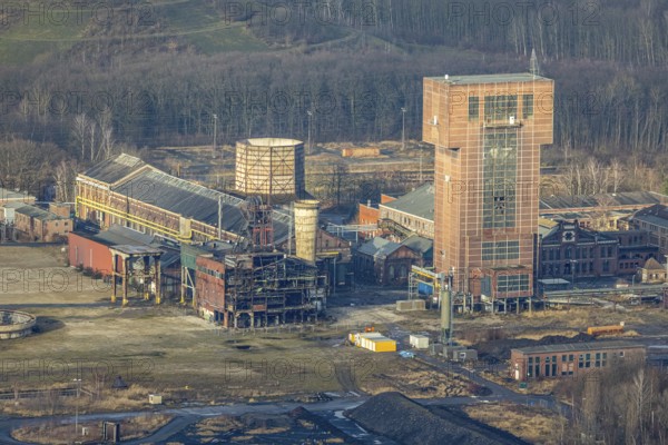 Aerial view with hammerhead tower at Ost Zeche Heinrich Robert colliery, CreativRevier in Wiescherhöfen, Hamm, Ruhr area, North Rhine-Westphalia, Germany, mine, Heinrich Robert colliery, DE, Europe, commercial enterprises, commercial area, commercial park, commercial location, commercial use, industrial facilities, industrial area, industrial building, industrial site, aerial view, aerial photograph, aerial photography, aerial photography, Rhine-Ruhr metropolitan region, coal mine, tower, overview, bird's-eye view, birds-eyes view, former Ost colliery, historical, historical site, overview, destroyed building