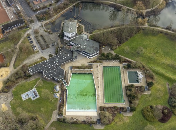 Aerial view Hotel Selbachpark with outdoor pool Selbachpark, Hamm, Ruhr area, North Rhine-Westphalia, Germany, bathing establishment, bathing resort, DE, Europe, outdoor pool, leisure facility, leisure pool, leisure activities, gastronomy, hotel, hotel facilities, hotel business, aerial view, aerial photograph, aerial photography, aerial photography, Rhine-Ruhr metropolitan region, park, swimming pool, swimming pool, Selbachpark, sports, sports field, tennis facility, tennis courts, overview, accommodation, bird's eye view, birds-eyes view, overview