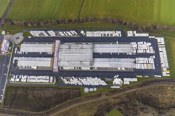 Aerial view DPD Hamm with DPD depot 0159 in Hamm, Ruhr area, North Rhine-Westphalia, Germany, DE, Europe, freight transport, Hamm, logistics, logistics service, logistics service provider, logistics provider, logistics centre, aerial view, aerial photograph, aerial photography, aerial photography, Rhine-Ruhr metropolitan region, Osterbönener Weg, parcel centre, freight forwarding, overview, shipping service, bird's eye view, bird's eye view, overview