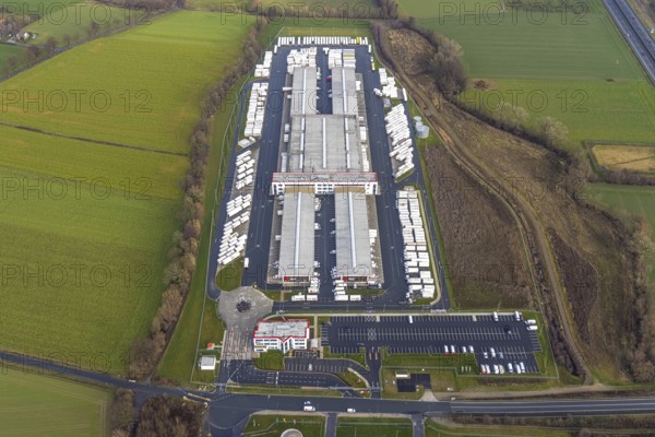 Aerial view DPD Hamm with DPD depot 0159 in Hamm, Ruhr area, North Rhine-Westphalia, Germany, DE, Europe, freight transport, Hamm, logistics, logistics service, logistics service provider, logistics provider, logistics centre, aerial view, aerial photograph, aerial photography, aerial photography, Rhine-Ruhr metropolitan region, Osterbönener Weg, parcel centre, freight forwarding, overview, shipping service, bird's eye view, bird's eye view, overview