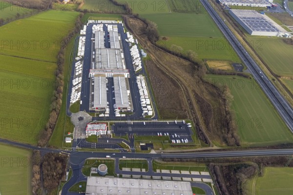 Aerial view DPD Hamm with DPD depot 0159 in Hamm, Ruhr area, North Rhine-Westphalia, Germany, DE, Europe, freight transport, Hamm, logistics, logistics service, logistics service provider, logistics provider, logistics centre, aerial view, aerial photograph, aerial photography, aerial photography, Rhine-Ruhr metropolitan region, Osterbönener Weg, parcel centre, freight forwarding, overview, shipping service, bird's eye view, bird's eye view, overview