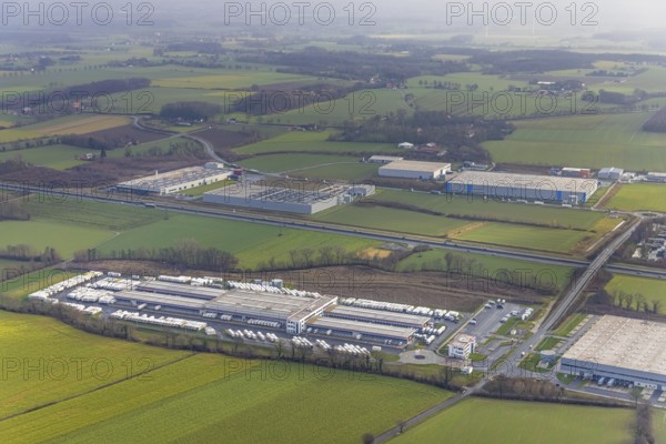 Aerial view DPD Hamm with DPD depot 0159 in Hamm, Ruhr area, North Rhine-Westphalia, Germany, DE, Europe, freight transport, Hamm, logistics, logistics service, logistics service provider, logistics provider, logistics centre, aerial view, aerial photograph, aerial photography, aerial photography, Rhine-Ruhr metropolitan region, Osterbönener Weg, parcel centre, freight forwarding, overview, shipping service, bird's eye view, bird's eye view, overview