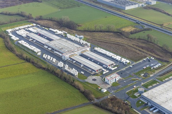 Aerial view DPD Hamm with DPD depot 0159 in Hamm, Ruhr area, North Rhine-Westphalia, Germany, DE, Europe, freight transport, Hamm, logistics, logistics service, logistics service provider, logistics provider, logistics centre, aerial view, aerial photograph, aerial photography, aerial photography, Rhine-Ruhr metropolitan region, Osterbönener Weg, parcel centre, freight forwarding, overview, shipping service, bird's eye view, bird's eye view, overview