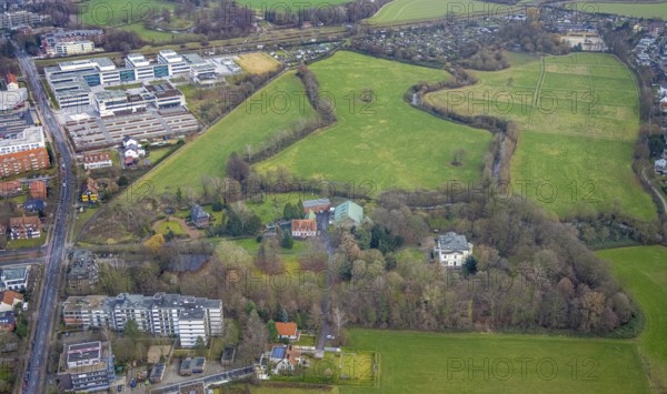 Aerial photo Haus Kentrop tree felling in the landscape conservation area in Hamm, Ruhr area, North Rhine-Westphalia, Germany, trees, DE, Europe, Hamm, manor house, landscape conservation area, aerial photograph, aerial photography, aerial photography, Rhine-Ruhr metropolitan region, overview, bird's eye view, forest damage, birds-eyes view, overview