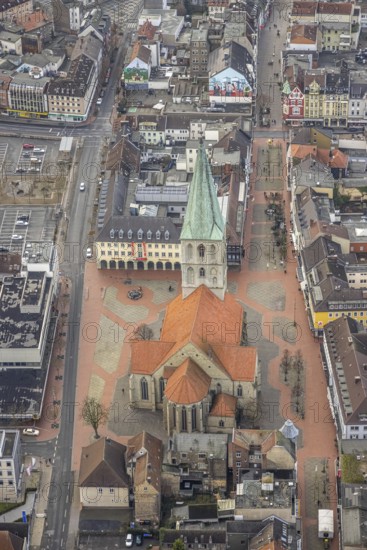 Aerial view evang. Pauluskirche with market place and city centre view in Hamm, Ruhr area, North Rhine-Westphalia, Germany, place of worship, City, DE, Europe, religious community, place of worship, Hamm, holy place, city centre, church, parish, denomination, aerial view, aerial photography, aerial photography, market place, Rhine-Ruhr metropolitan region, religion, religious site, city centre, overview, bird's-eye view, overview