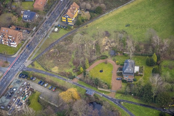 Aerial photo Haus Kentrop tree felling in the landscape conservation area in Hamm, Ruhr area, North Rhine-Westphalia, Germany, trees, DE, Europe, Hamm, manor house, landscape conservation area, aerial photograph, aerial photography, aerial photography, Rhine-Ruhr metropolitan region, overview, bird's eye view, forest damage, birds-eyes view, overview