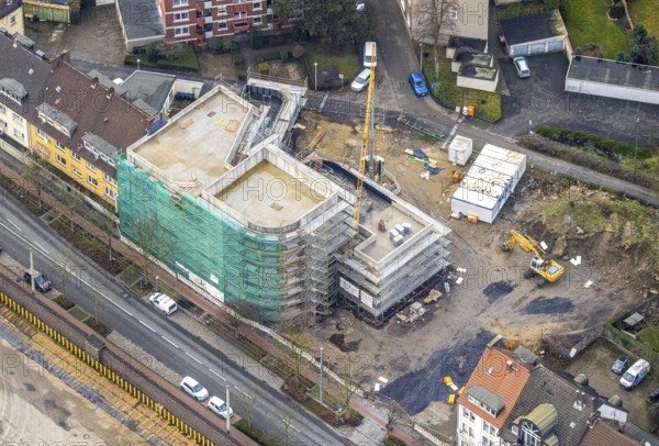 Aerial view new building site Wilhelmstraße district centre in Hamm, Ruhr area, North Rhine-Westphalia, Germany, construction work, building, building site, building plots, construction project, construction site, DE, Europe, Hamm, aerial view, aerial photograph, aerial photography, aerial photography, Rhine-Ruhr metropolitan region, new building, overview, cladding, bird's-eye view, overview