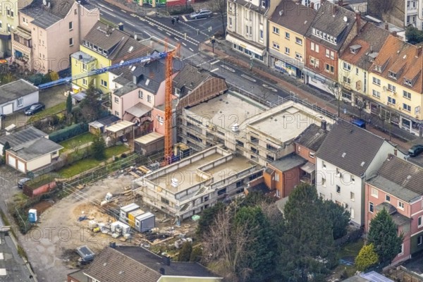 Aerial view construction site kindergarten Wilhelmstraße in Hamm, Ruhr area, North Rhine-Westphalia, Germany, construction work, building, construction area, building site, building plots, construction project, construction site, DE, Europe, Hamm, kindergarten, day-care centre, day-care centre, day-care centre, aerial photograph, aerial photograph, aerial photography, aerial photography, Rhine-Ruhr metropolitan region, new building, overview, bird's eye view, Wilhelmstraße 61-65, birds-eyes view, overview