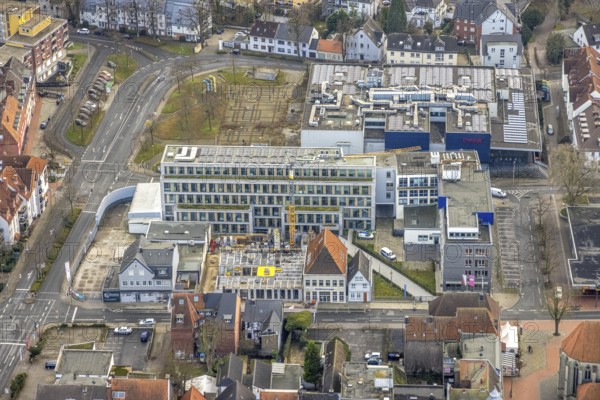 Aerial view construction site Widumstraße with demolition for new WA office building, Westfälischer Anzeiger, Radio Lippewelle Hamm and CinemaxX cinema in Hamm, Ruhr area, North Rhine-Westphalia, Germany, demolition work, construction work, construction, construction area, building site, building plots, construction project, construction site, DE, Europe, commercial enterprises, commercial area, commercial park, commercial location, commercial use, Hamm, industrial area, industrial building, industrial location, cinema, aerial view, aerial photography, aerial photography, aerial photography, Rhine-Ruhr metropolitan region, new building, photovoltaic, photovoltaic plant, solar, solar plant, solar energy, solar energy, Stadtanzeiger Hamm, overview, bird's-eye view, newspaper publisher, birds-eyes view, overview